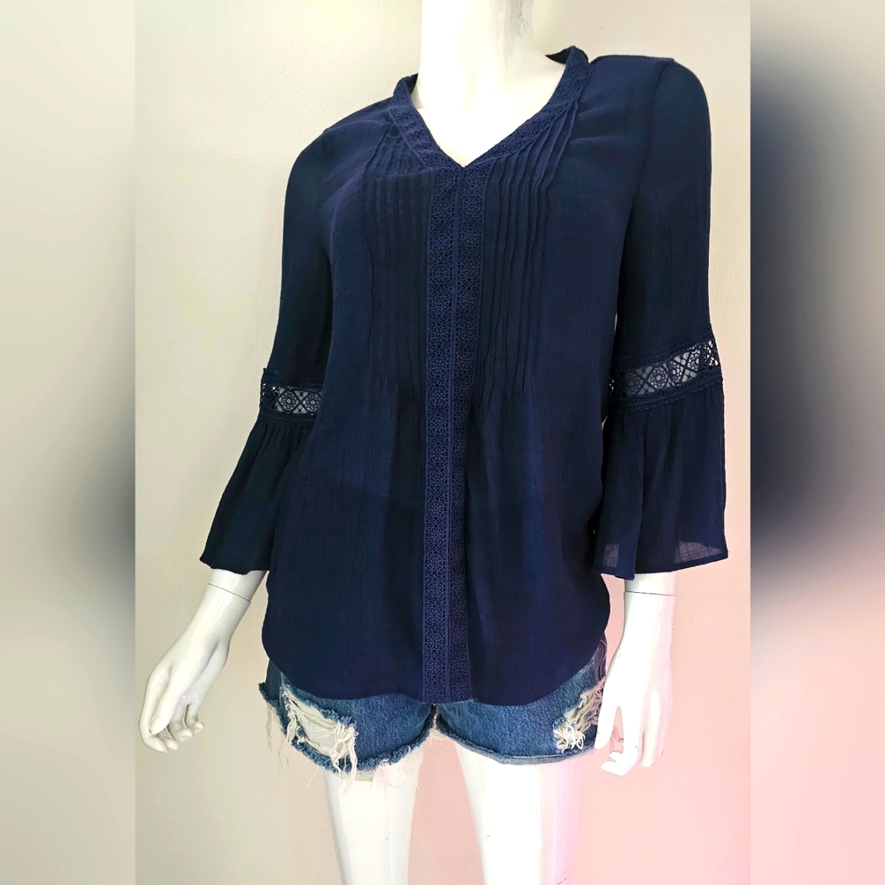 Countertop Bohemian Flowy Long Sleeve Sheer Top Navy Blue